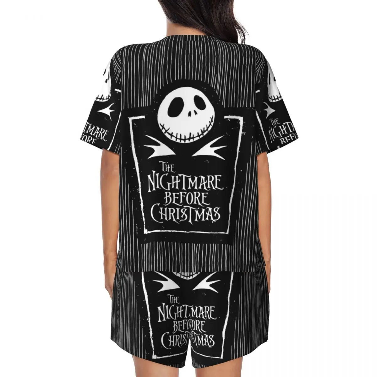 مخصص فيلم الرعب عيد الميلاد الجمجمة جاك منامة مجموعة المرأة 2 قطعة قصيرة الأكمام تيم بيرتون هالوين ملابس خاصة السراويل مجموعات