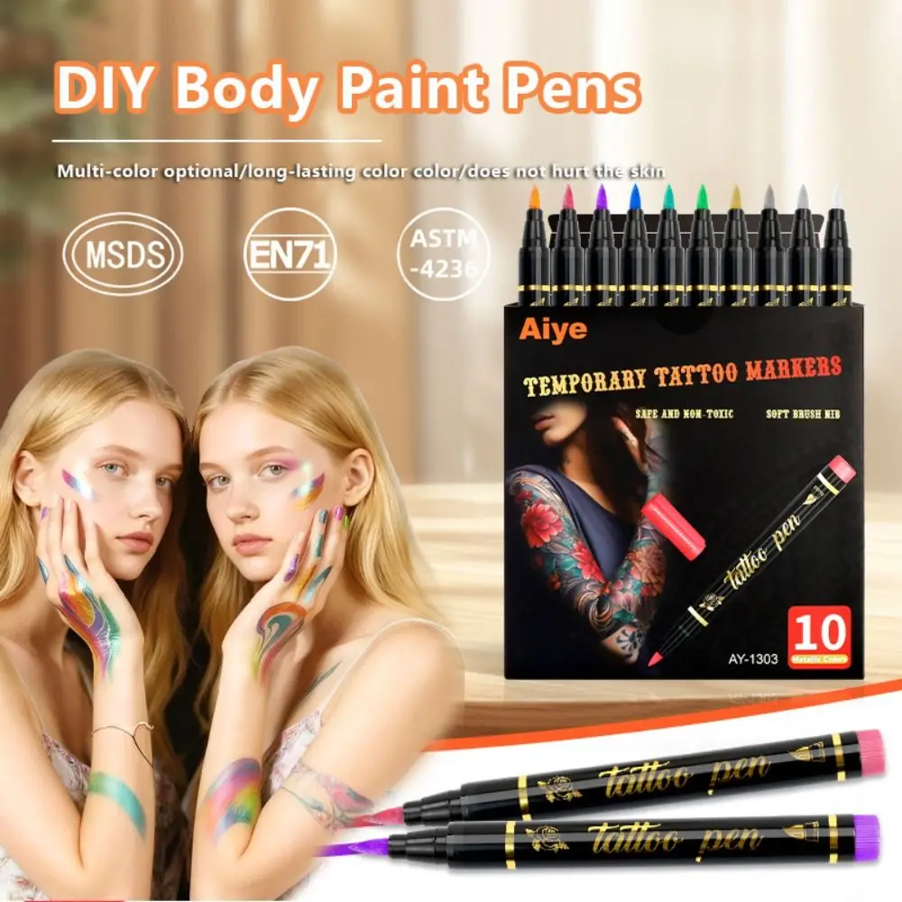 

10 Colors Soft Head Tattoo Marker Pen Quick-dry Metallic Temporary Tattoo Pen Washable Tattoo Doodle Pen Festival Use