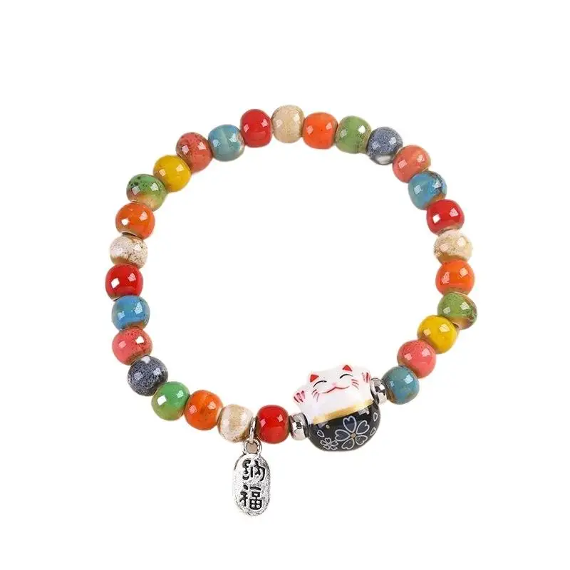 Niedliches Glückskatzen-Armband für Mädchen, verstellbar, bunt, mit Perlen, Harajuku-Keramik-Katzenanhänger, Schmuckstück – Detail 4