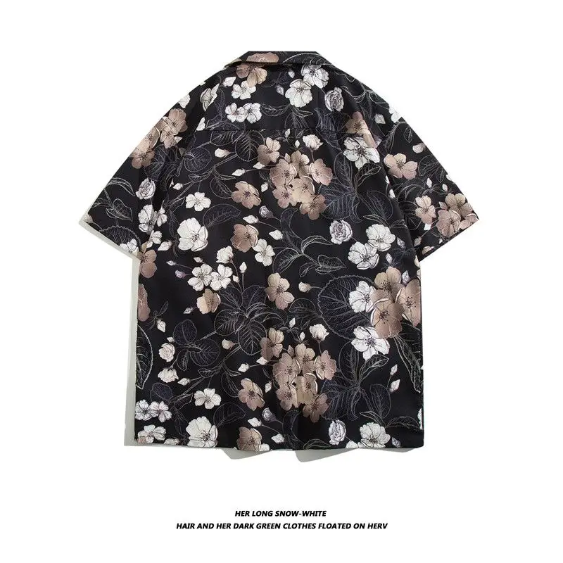 Vintage Floral Print Short Sleeve Loose Men's Shirt Versatile Couple's Shirt Hong Kong Style Retro Youthful Polyester Fabric