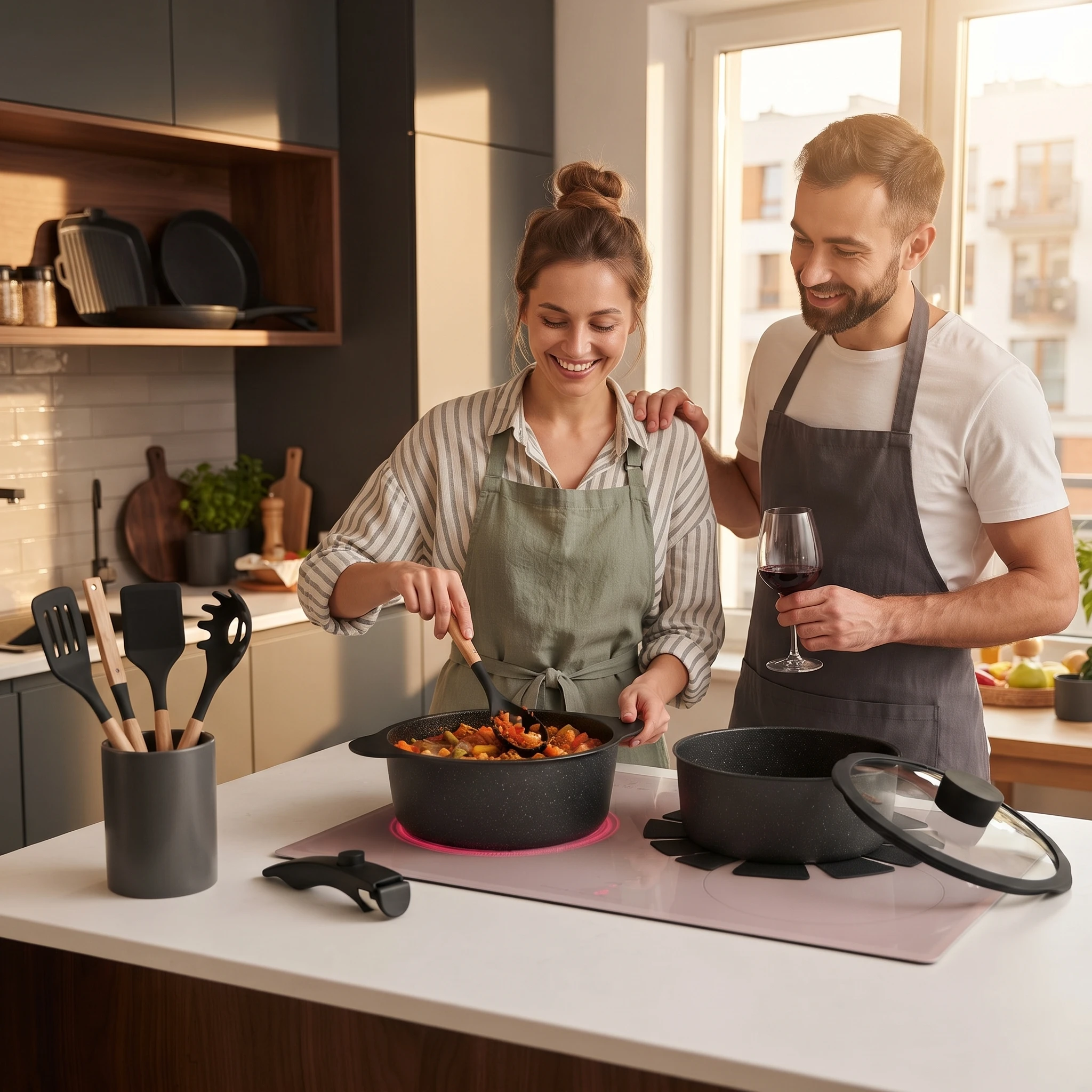 19-Piece Non Stick Ceramic Cookware Set Detachable Handles Aluminum Pots and Pans Induction Compatible Oven Safe Dishwasher Safe PFOA Free Granite Coating Stackable for RV Kitchen Cookware Sets