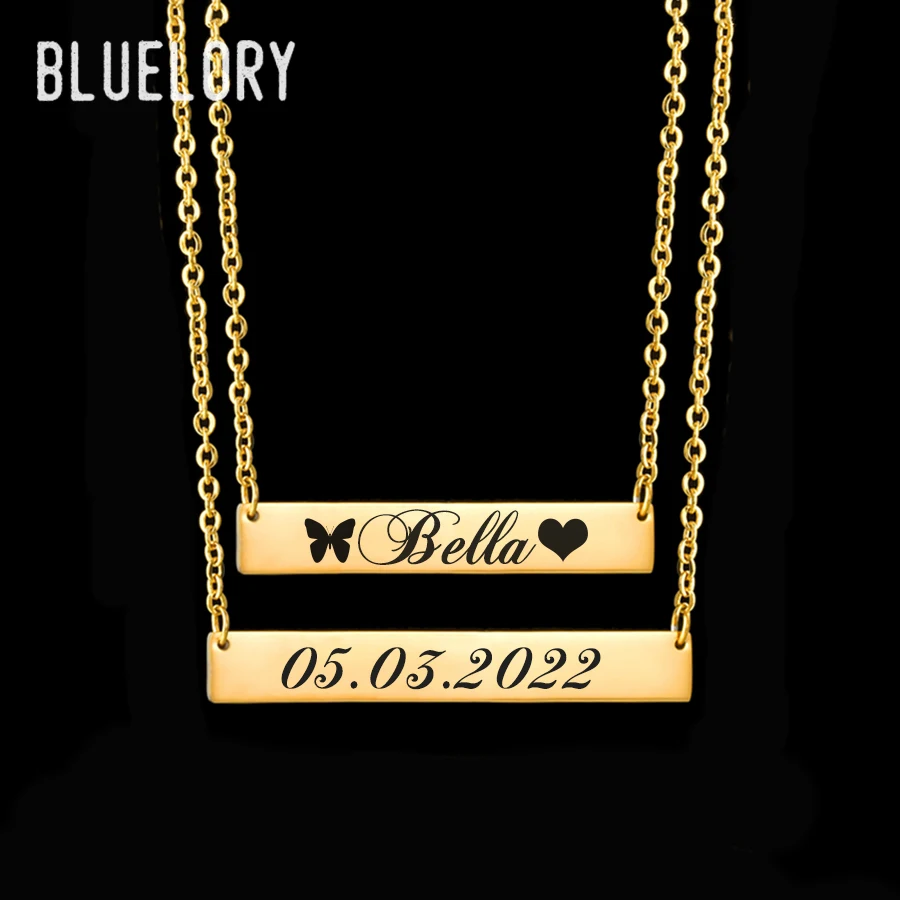 Bluelory Custom Name Bar Women Necklace 4 Colors Laser Engrave Names Date Word For Family Friend Lovers Customized Jewelry Gift