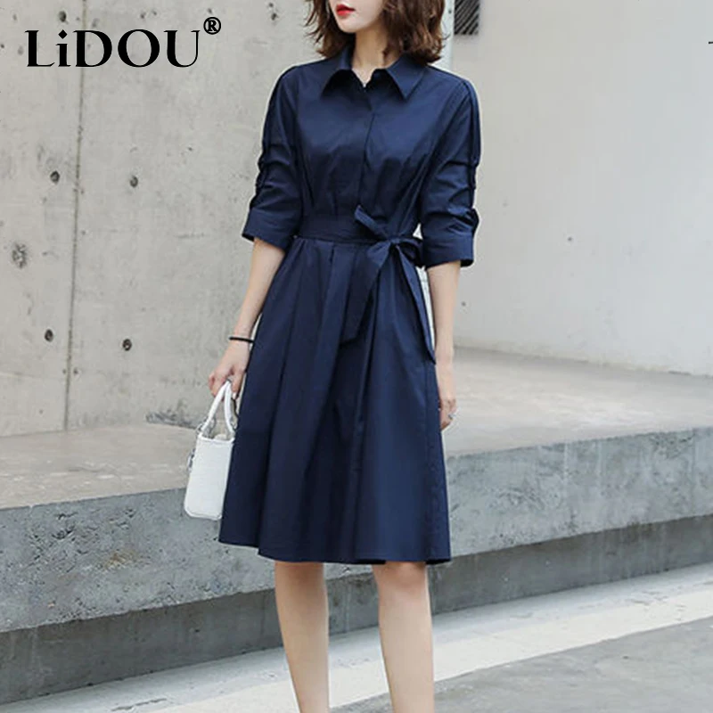 Spring Autumn Solid Elegant Fashion Chic Dress Women Half Sleeve Aesthetic Casual Vestidos De Fiesta Navy Blue Korean Robe Femme