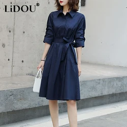 Spring Autumn Solid Elegant Fashion Chic Dress Women Half Sleeve Aesthetic Casual Vestidos De Fiesta Navy Blue Korean Robe Femme