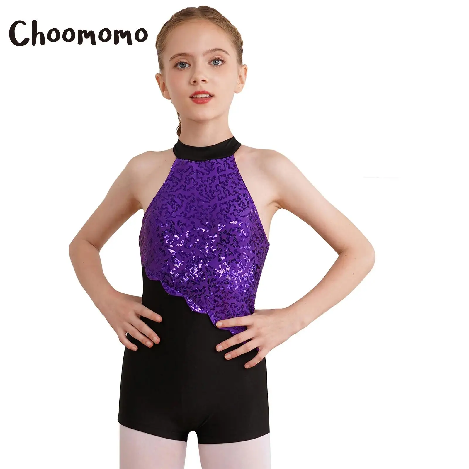 Kids Girls Glitter Sequins Gymnastics Leotard Halter Strappy Back Dance Tumbling Biketard Unitards Stage Performance Costume