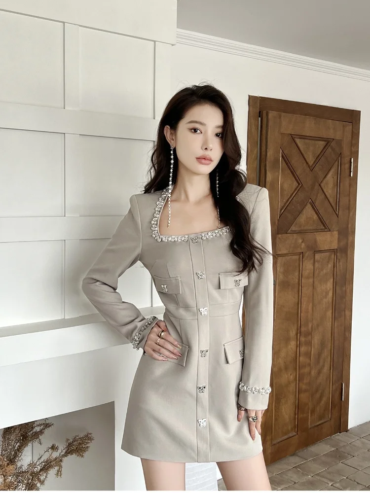 French Square Neck Runway Dress Elegant Rhinestone Beaded Slimming Dress Vintage Birthday Party Dress image 3