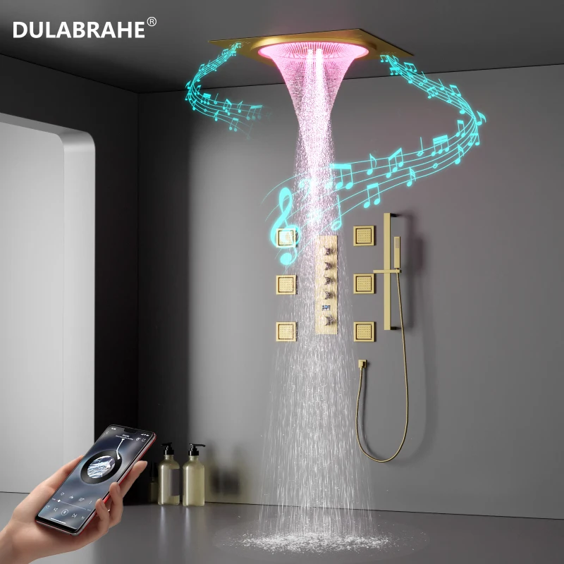 DULABRAHE Geborsteld goud 20 inch roestvrijstalen LED-douchekop met muziek Koud en warm digitaal display Douchekraanset
