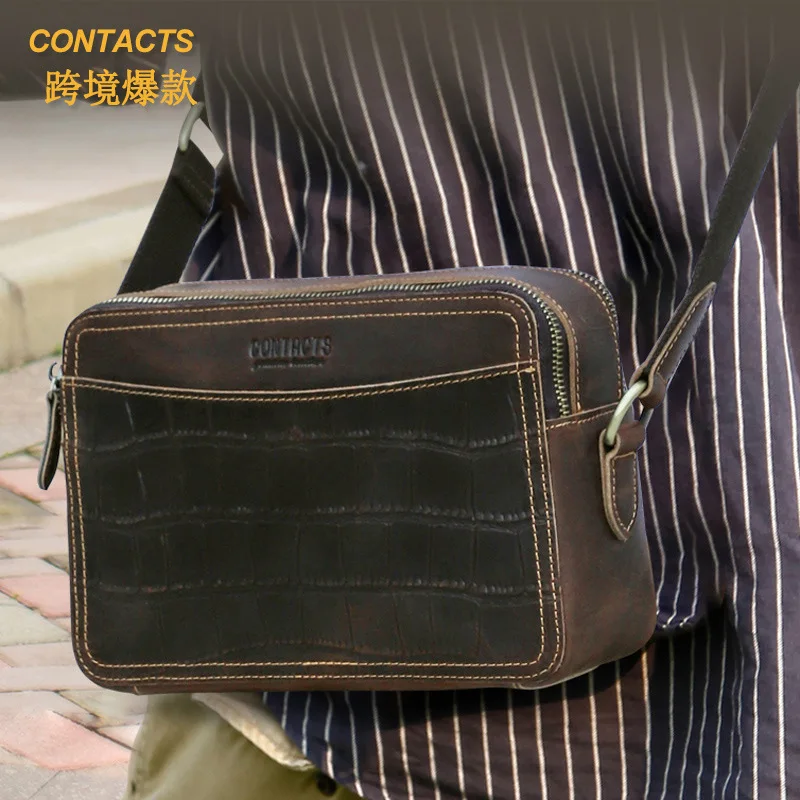 

HTS-MB285 Retro Crazy Horse Leather Men's Single Shoulder Crossbody Bag Crocodile Pattern Fashion Leather Bag
