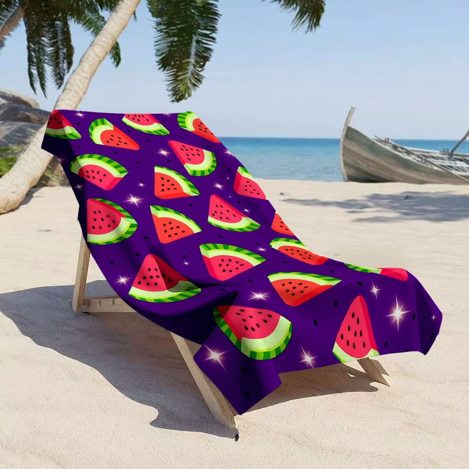 1pcs Vibrant Purple Star Beach Towel, Red Watermelon Slices with Sparkle Stars Print Bath Towel, Playful Summer Beach Essential