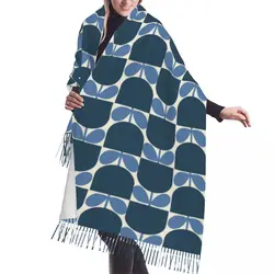 Custom Blue Block Flower Tassel Scarf Women Soft Orla Kiely Shawls Wraps Ladies Winter Fall Fashion Versatile Female Scarves