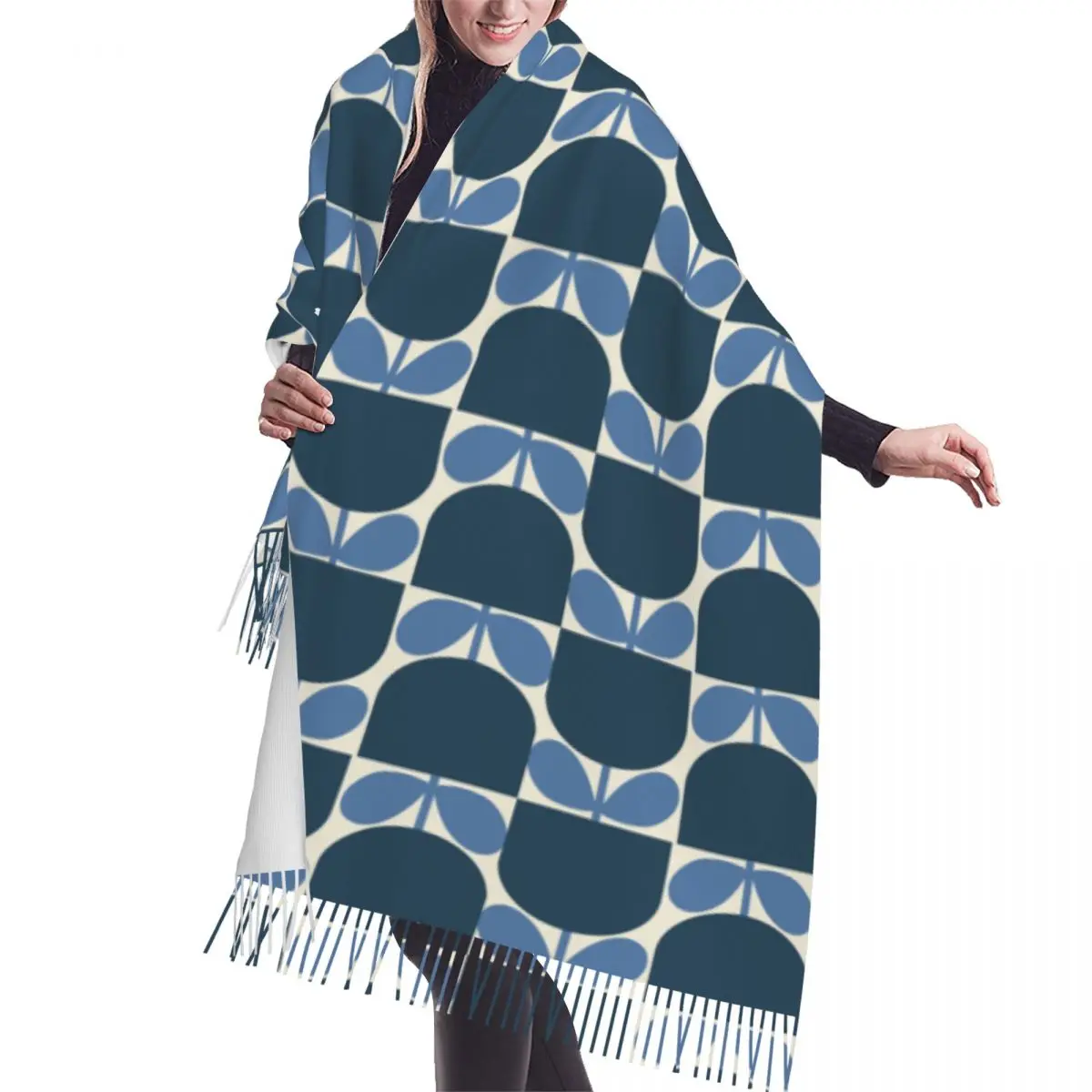 Custom Blue Block Flower Tassel Scarf Women Soft Orla Kiely Shawls Wraps Ladies Winter Fall Fashion Versatile Female Scarves