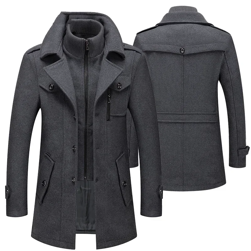 Abrigo cortavientos de lana con cremallera para hombre, gabardina de doble cuello, Chaqueta larga media a la moda, otoño e invierno, 4XL