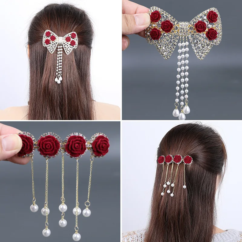 New Retro Bow Pearl Tassel Spring Clip Rose Flower Bangs Sea Clip High Ponytail A Word Girl Hair Clip Hair Accessories