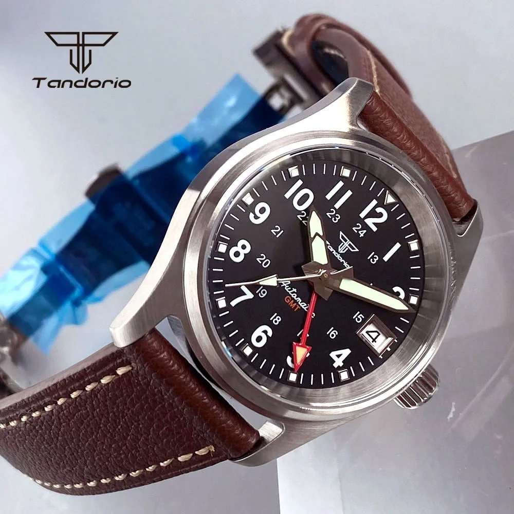 Tandorio 36mm Steel Automatic NH34 GMT Pilot Diving Men's Watch 20BAR Sapphire Mechanical Field Wristwatch Date Lume Waterproof