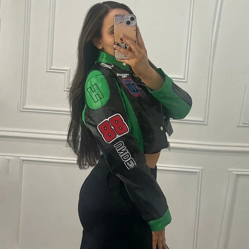 

Sexy Belly Button Bore Hole Long Sve Baseball Jaet Women's Retro American Print Outerwear ort Sle for Autumn Winter