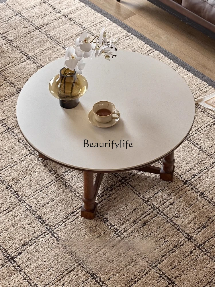 

01French retro rock slab solid wood round coffee table living room home medieval multi-functional tea table