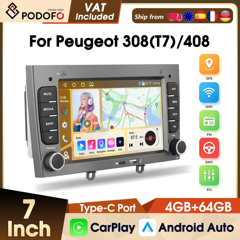 Autoradio Podofo 7" 4+64G per Peugeot 408 2010-2012 /308 T7 2007-2013 con FM RDS WIFI GPS, Lettore Multimediale per Auto, CarPlay Wireless e Android Auto