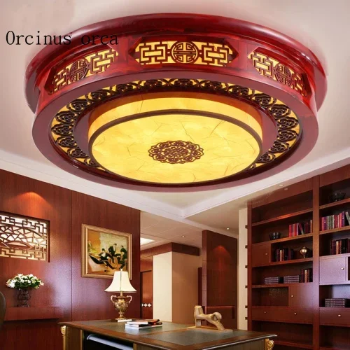 Chinese circular ceiling lamp study dining room led living room bedroom solid wood dimming antique sheepskin ceiling lamp