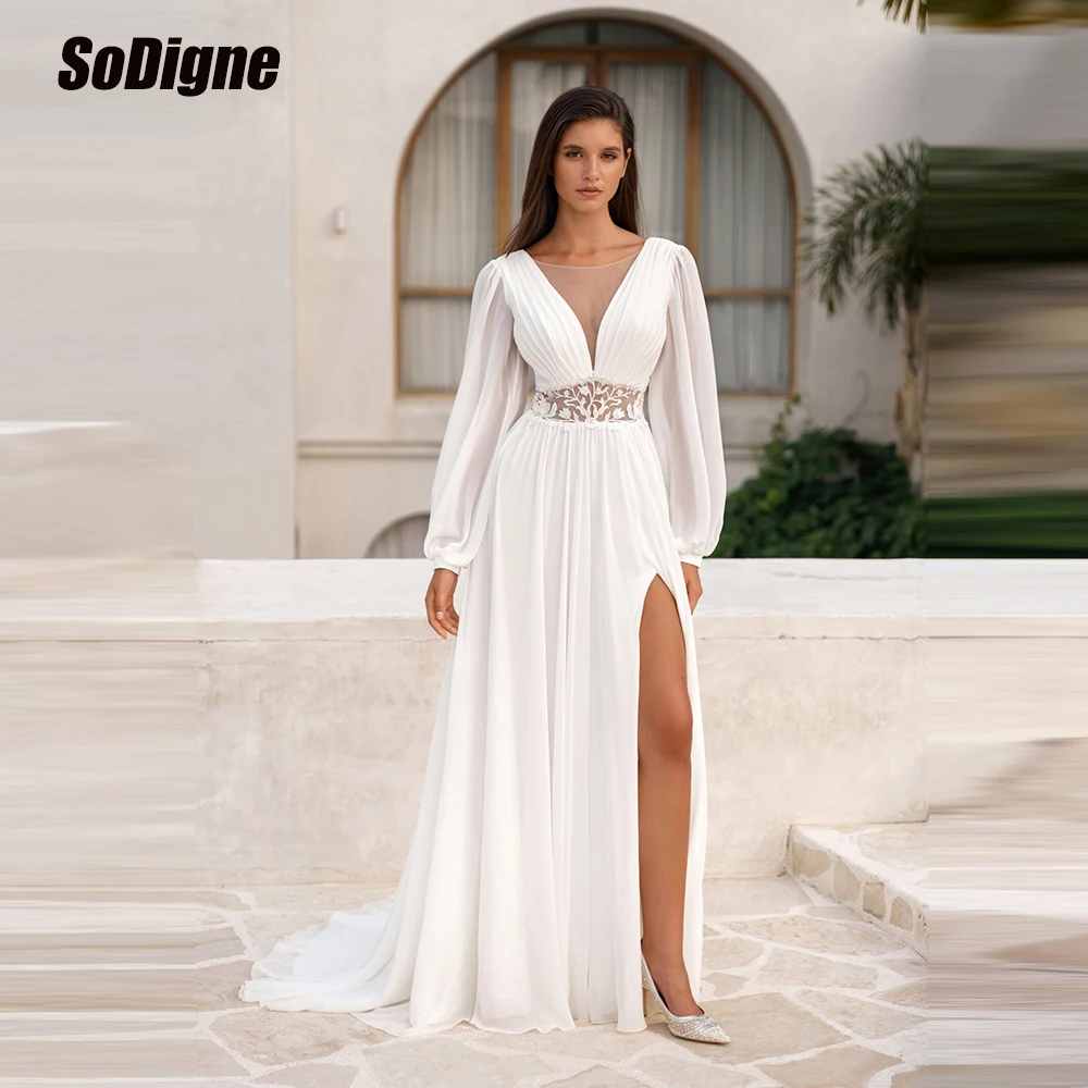 

﻿ SoDigne A-line Chiffon Wedding Dresses Full Sleeves Appliques Bridal Dress Beach Long Bride Gown vestidos de novia Customized