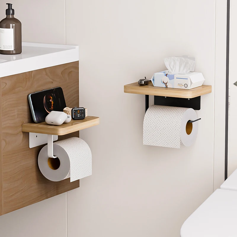 Suporte de Papel Toalha de Madeira Maciça Sem Furo, Caixa de Lenços para Banheiro, Suporte de Celular para Vaso Sanitário, Suporte de Rolo de Papel