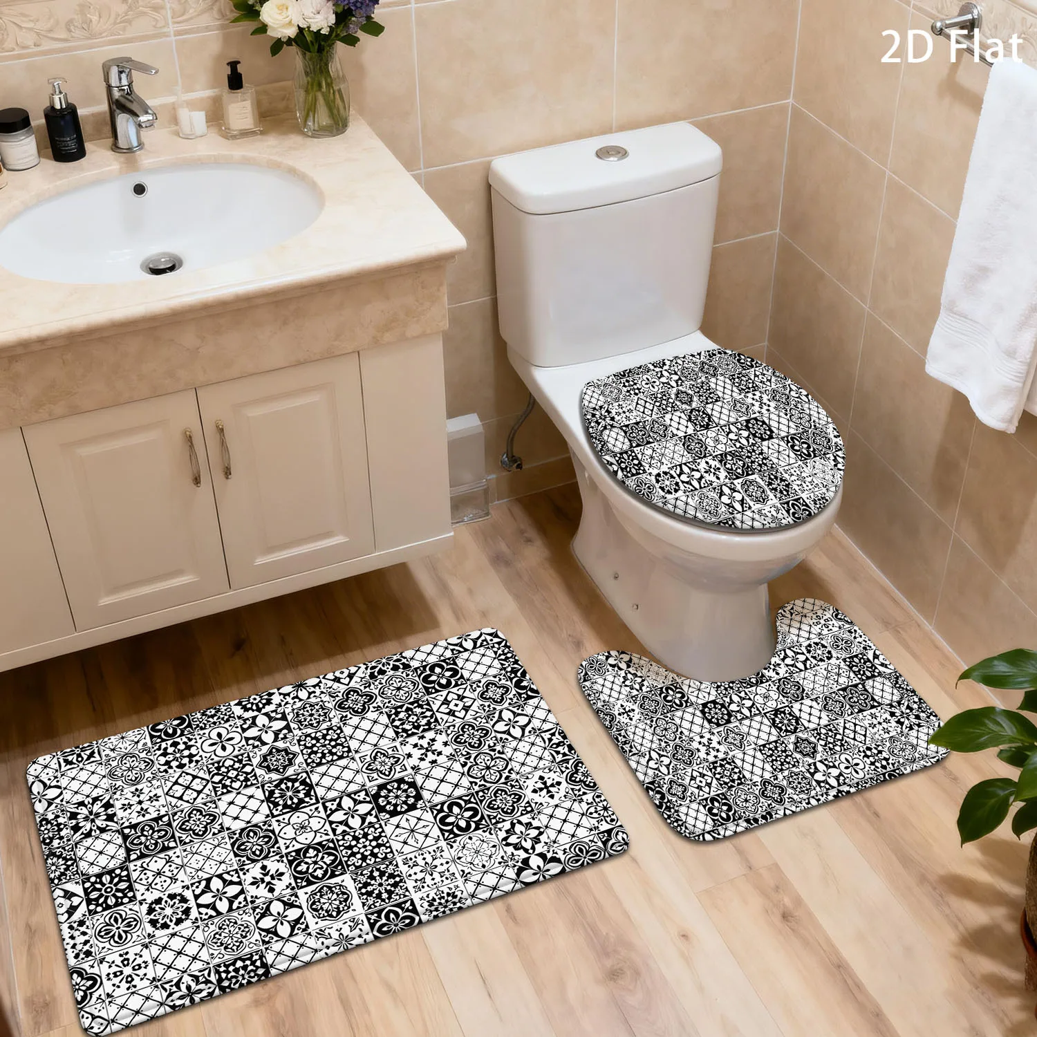 

Modern Black And White Bathroom Rug Set 3 Piece Geometric Tile Pattern Toilet Mat And Contour Rug Non Slip Soft Bath Mats