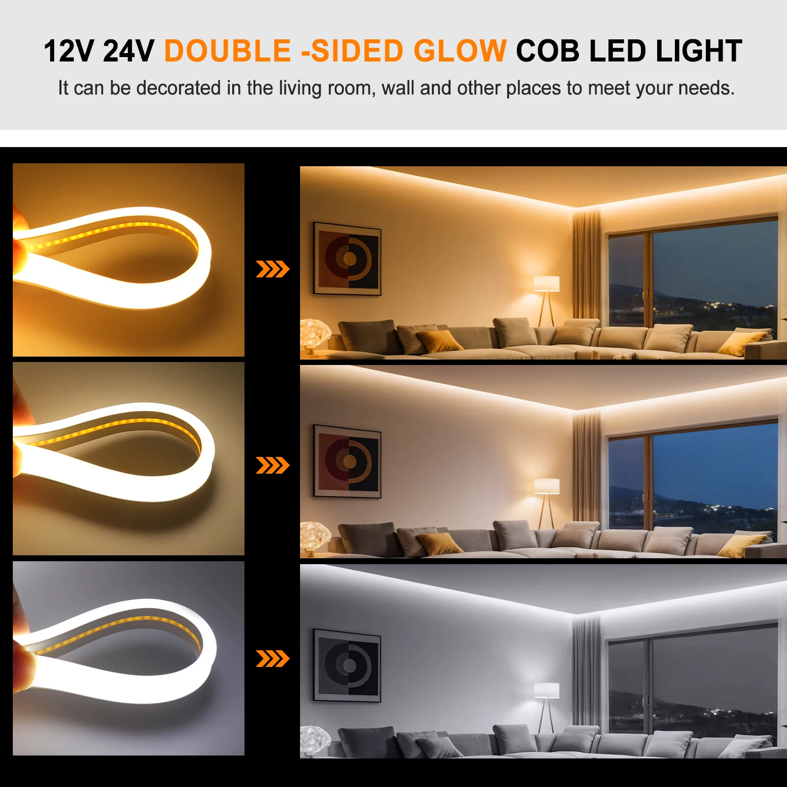 Double Side Glow COB LED Strip Light 12V 24V Waterproof Flexible LED Neon Tape 320LEDs High Density Linear Lighting 0.5-20M