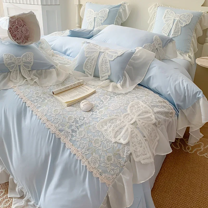 Korean Princess Wind Bedding Set Lace Bow Solid Color Beautiful Edge Lace Pleated Bedding Cover Luxury Girl Wedding Home Bed
