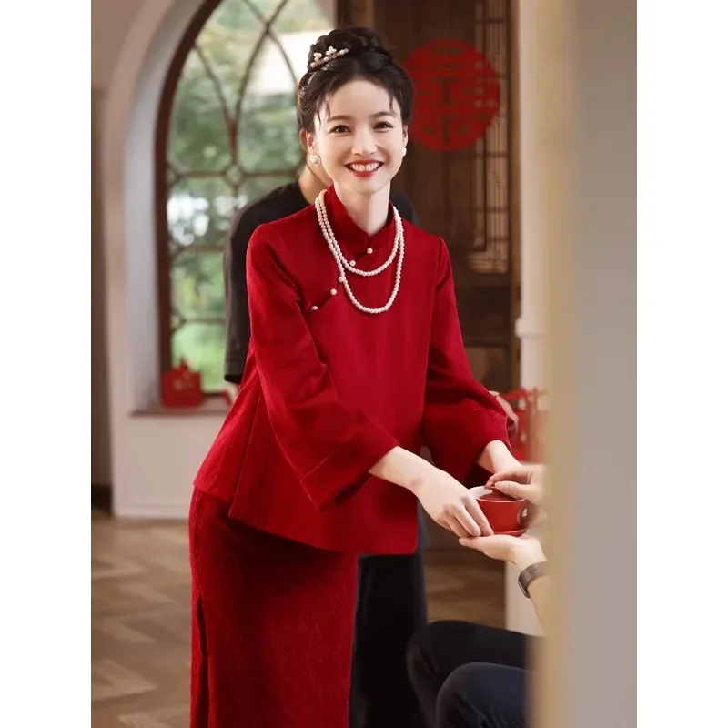 Retro Burgundy Stand Collar Jacquard Pearl Button Long Sleeved Tang Suit Top Dress Modern Women Chinese Cheongsam Dress Qipao