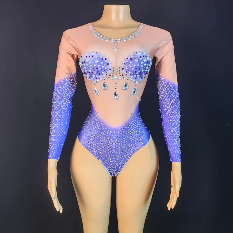 9 kleuren sexy mesh parels strass bodysuit vrouwen nachtclub halloween gogo kostuum vieren party outfits stadium slijtage xs10110