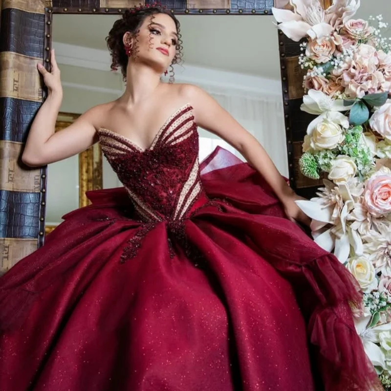 

Shiny wine red Quinceanera Dress Lace layering off-shoulder crystal glitter decal Bow vestidos de 15 Quinceanera ﻿Customized