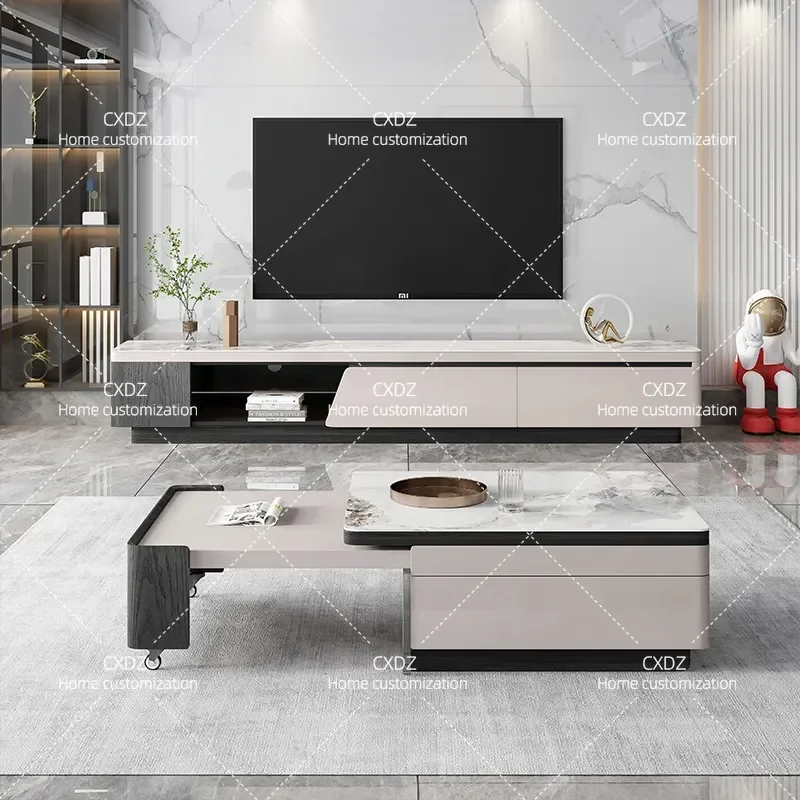 Modern Minimalist Sintered Stone TV Stand with Drawers Extendable Media Console for Small Living Room Coffee Table Combo