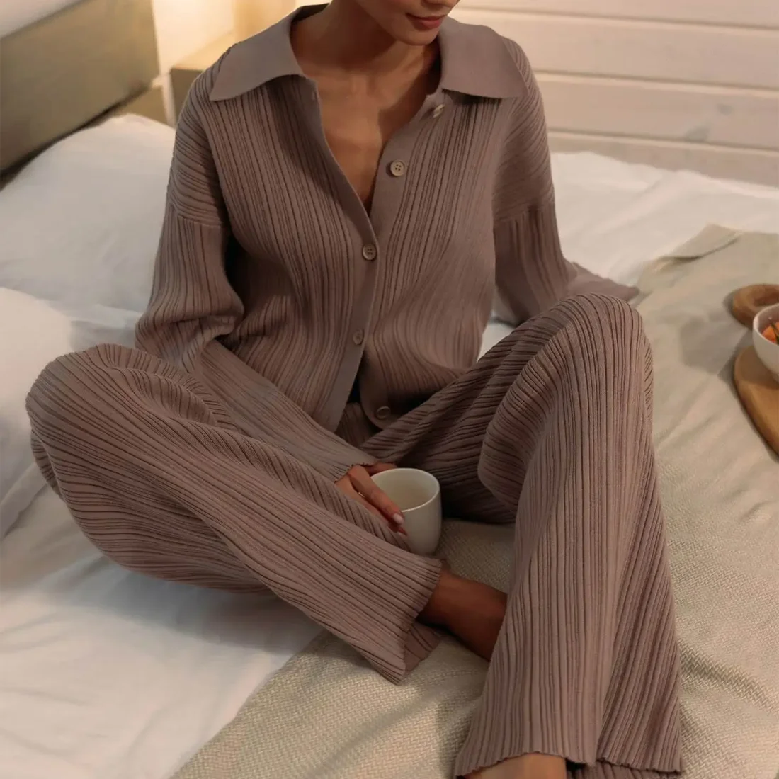 

Clinkly Knitted Pant Sets Women Cardigans Sweater Outfit Autumn Winter 2 Piece Sets High Waist Wide Leg Pant Suit