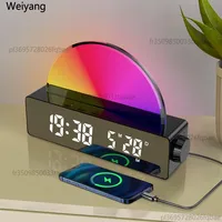 New RGB Color Changing LED Mirror Digital Desk Clock Sunrise Wake Up Light Alarm Clock for Bedroom Students