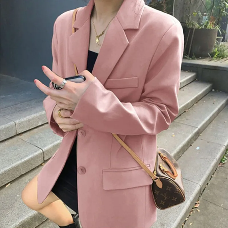 

Casual Chic Women's Mid-Length Small Tailored Jacket Spring Autumn New Korean Style Loose Fitting Fashionable Polyester