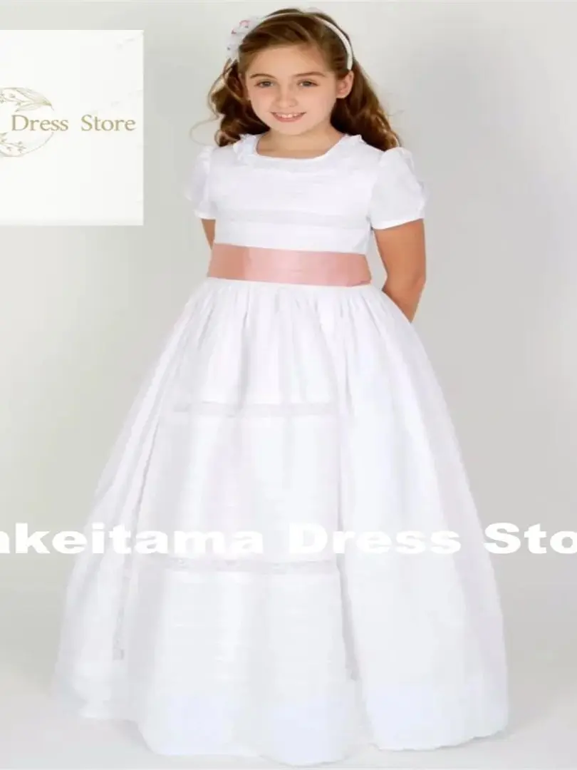 Customization Flower Girl Dresses White Satin Lace With Pink Bow Short Sleeve For Wedding Birthday Party Banquet Princess Gowns