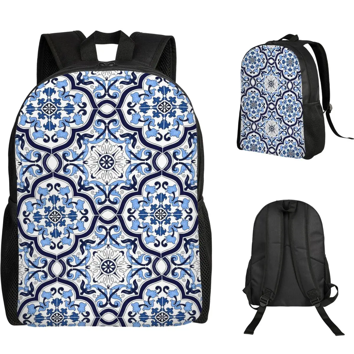 Mochila azul adornada floral mediterránea con azulejos sicilianos, mochila escolar, mochila de viaje para senderismo, mochila para niños y niñas, bolsos de hombro