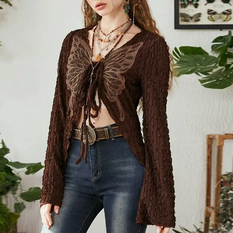 Retro Texture Fabric Butterfly Embroidery Lace-up Cardigan Women's French Trend Slimming Top