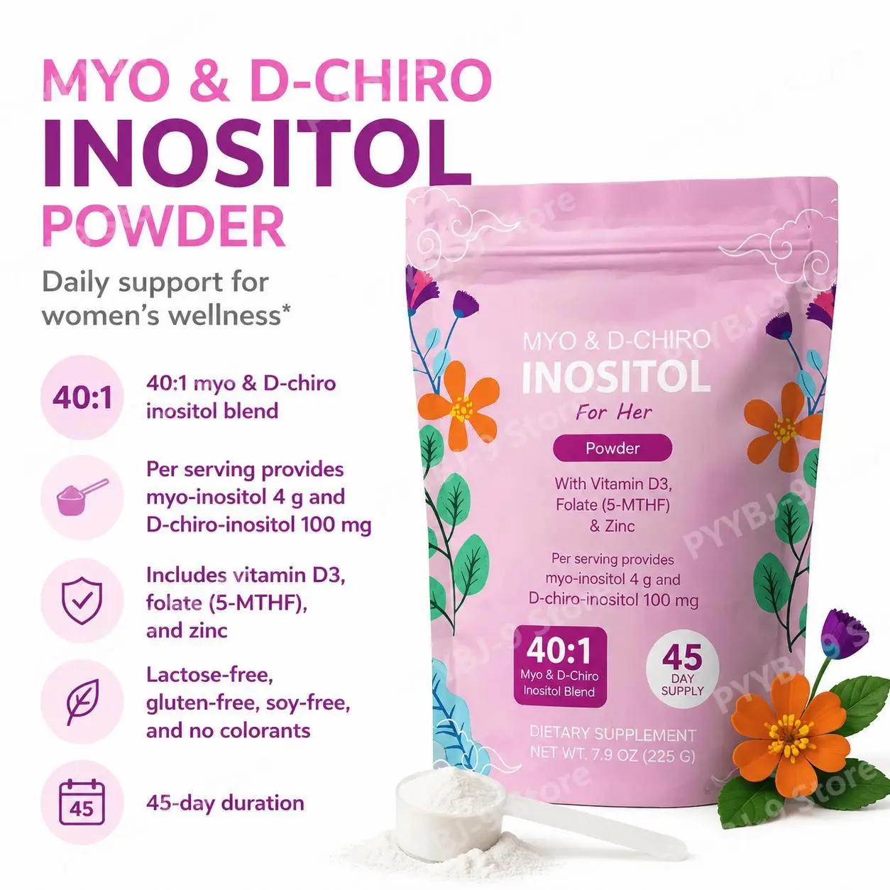 Myo D-Chiro Inositol Powder with 40:1 Blend Chicory Inulin Folate 5-MTHF Vitamin D3 Zinc, Prebiotic Support, 225g 45 Servings