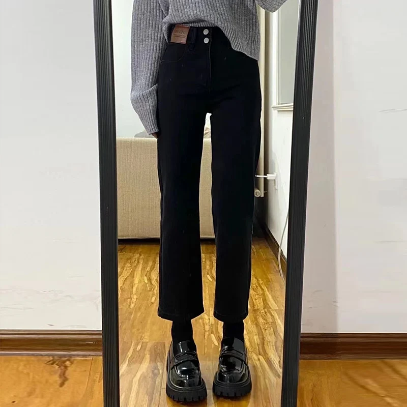 

High Waist Straight Leg Denim Jeans Women's Hip Concealing Pear Shape Loose Slimming Nine Points Black Smoke Tube Pants