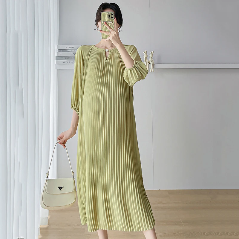 Pleated Pregnant Woman's Long Skirt O-neck Solid Color 5/4 Sleeves Loose Slim Dress Fashion Simple Breathable Comfort Dresses