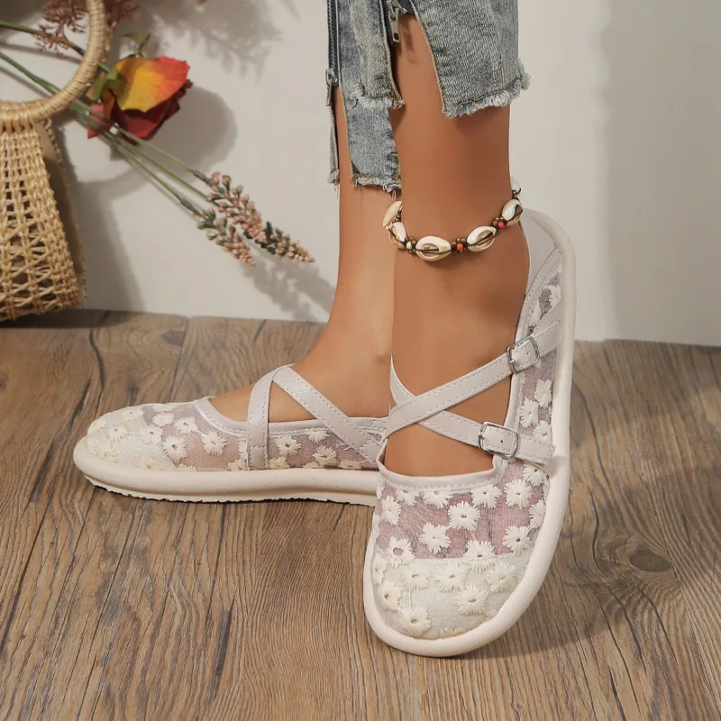 Mesh Basic Flats Round Toe Spring/autumn 2024 High Quality Ladies Shoes Slip-on Flower Concise Flats Sapatos Baixos Femininos