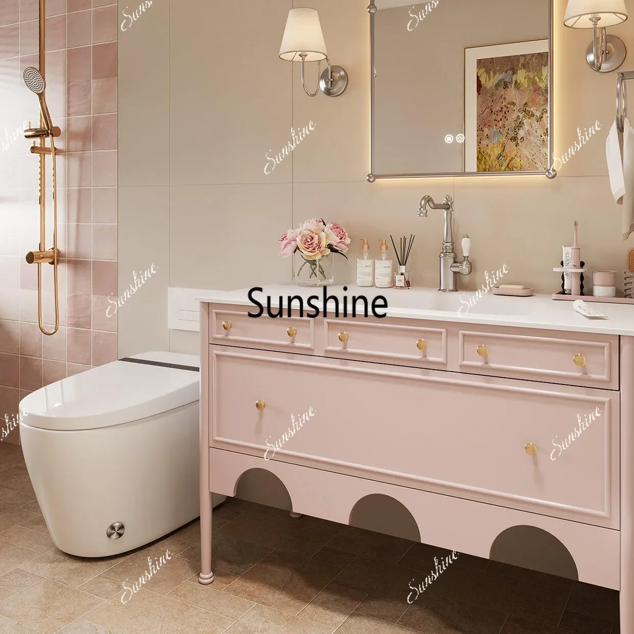 French retro bathroom cabinet combination integrated basin toilet washstandTJ