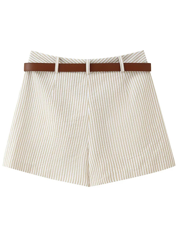 Bequeme Damen-Rockhose mit Gürtel und Streifen, Maturi Sle, mittlere bis niedrige Taille, PVC-Stoff, Polyesterfaser, Sommerkollektion