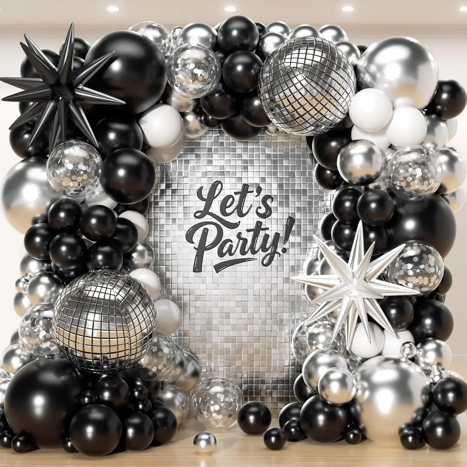 96-teiliges Starburst-Ballons-Girlanden-Set in Schwarz, Weiß und Silber für Hochzeit, Geburtstag, Abschlussfeier, Party-Hintergrund-Dekoration – Detail 1