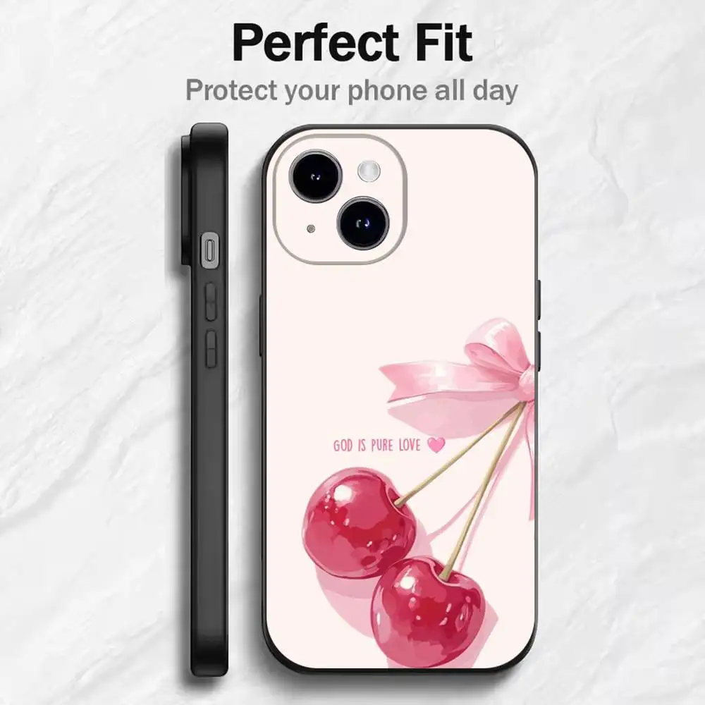 Casing iPhone Lucu Motif Buah Ceri Pink Untuk 17 16 15 14 13 12 11 Mini XS XR X 6S 6 Pro Max Plus Hitam Bahan Lembut