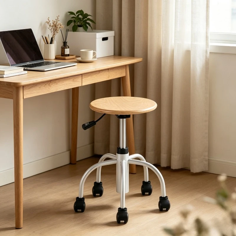Mid-century Modern Wooden Rolling Stool, Swivel Low Seat with Silent Caster Wheels, Mobile Round Bench for Living Room Home.