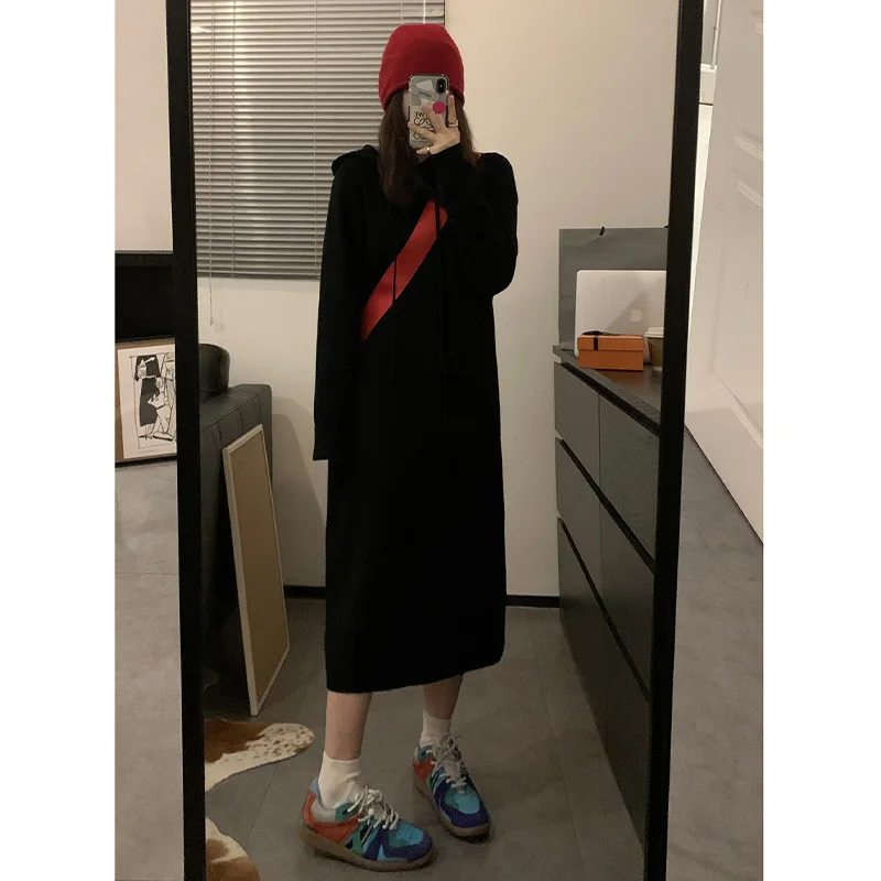 2024 Autumn Hooded Sweatshirt Knitted Dress for Women, Loose and Slimming Long Woolen Dress