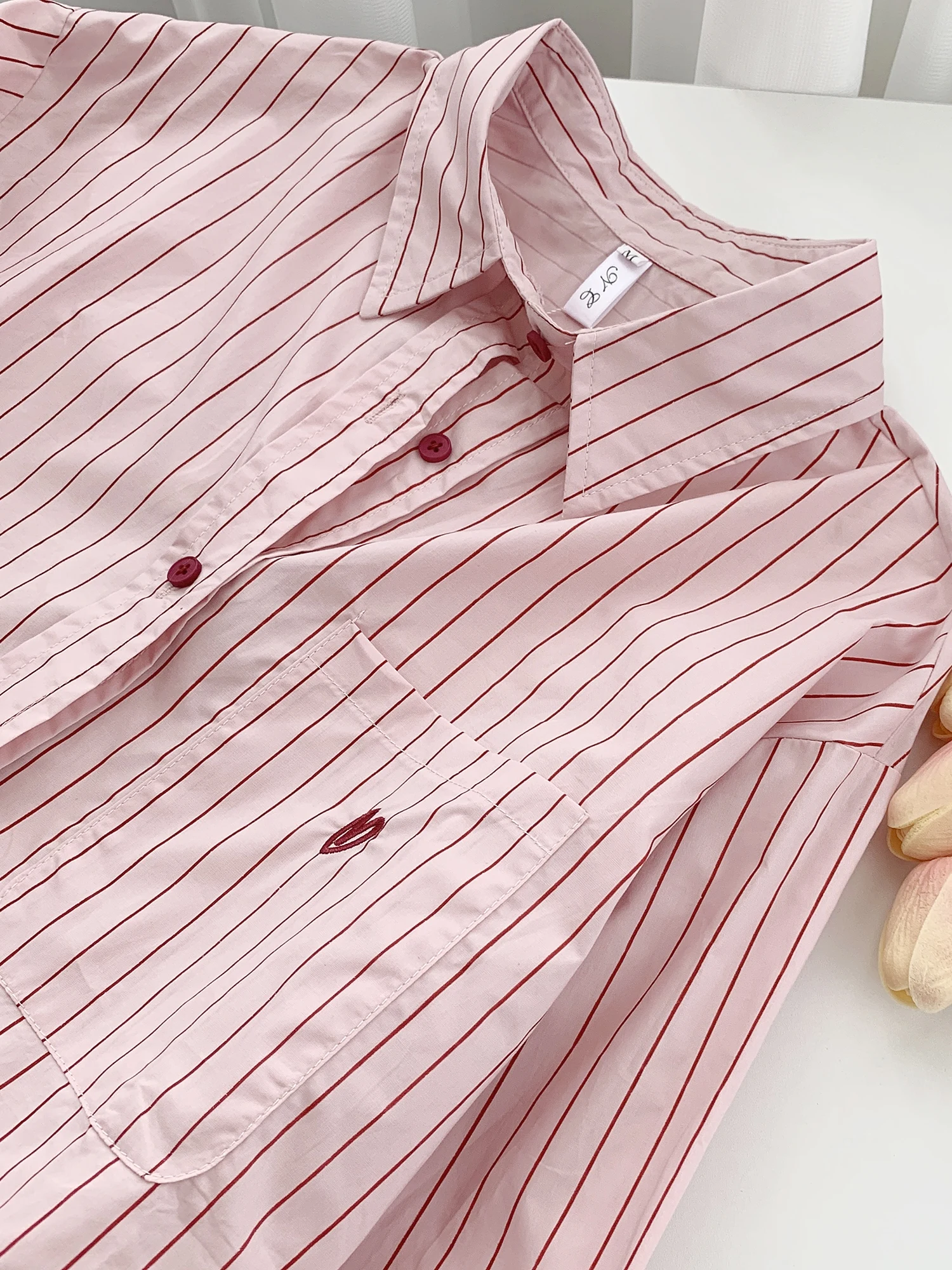 Korean Sle Long Sve  Ne ket Embroidery Striped Women's irt Spring Autumn New Arrival Casual Comfortable Cotton