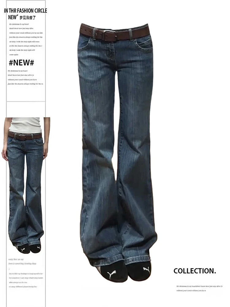 Women's Low Rise Jeans Flared Denim Pants Striped Y2k High Street Bell Bottom Jeans Harajuku 2000s Tide