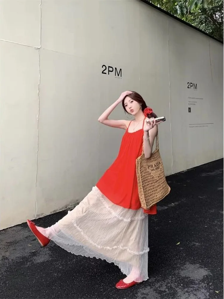 

Summer Vacation Style Red Neck Hanging Strap White Long Dress Two-Piece Set Super Fairy Sweet Dopaamine Matching Whole Set